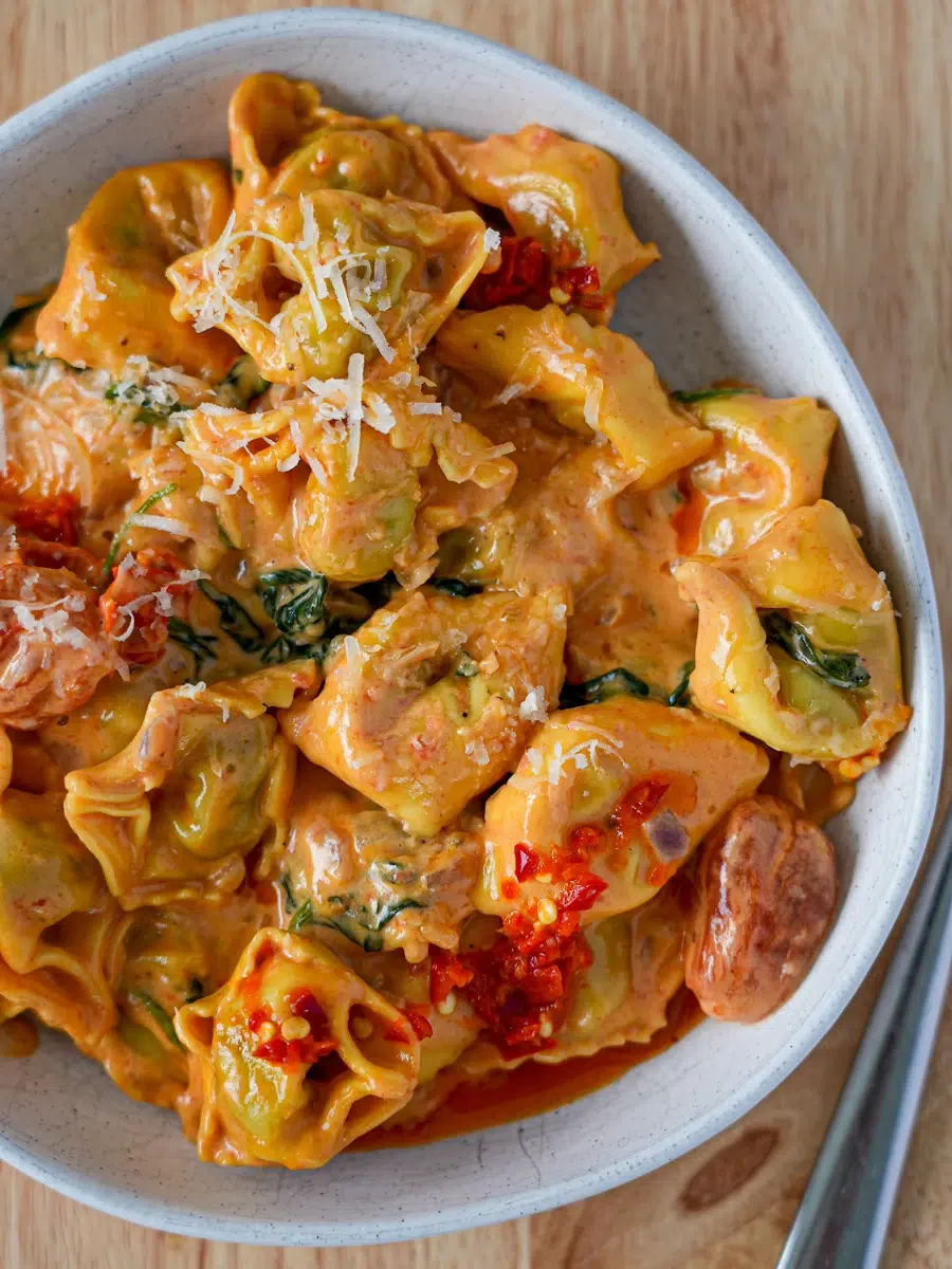 Close up of Spinach & Ricotta Tortellini with Creamy Tomato Sauce Recipe