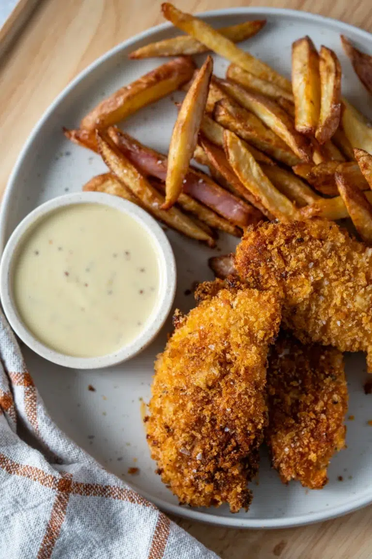Crispy baked chicken tenders served with fries and mustard dipping sauce on a plate.