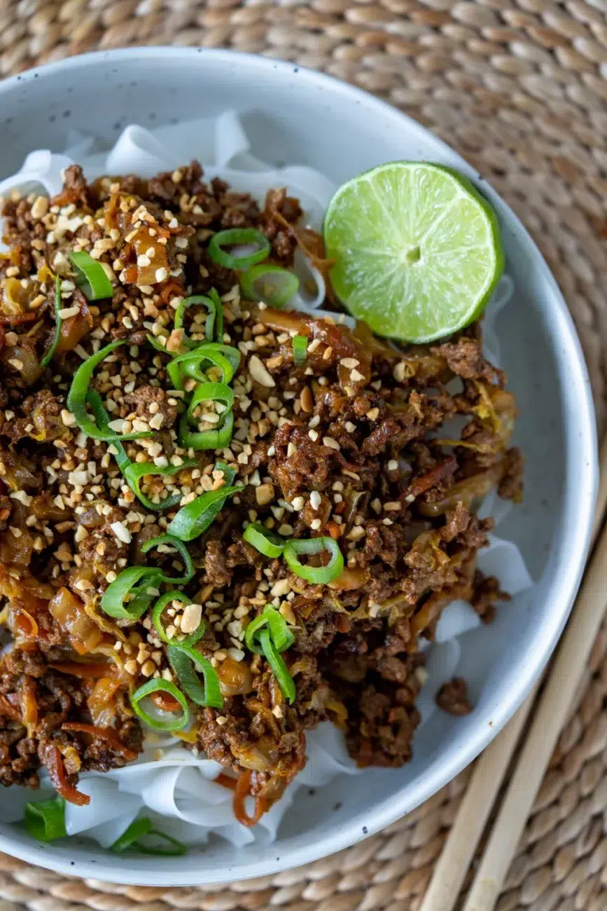 Overhead view of a bowl of sticky hoisin beef served over wide rice noodles, topped with crushed peanuts, sliced green onions, and a halved lime, with chopsticks resting beside the bowl on a woven placemat.