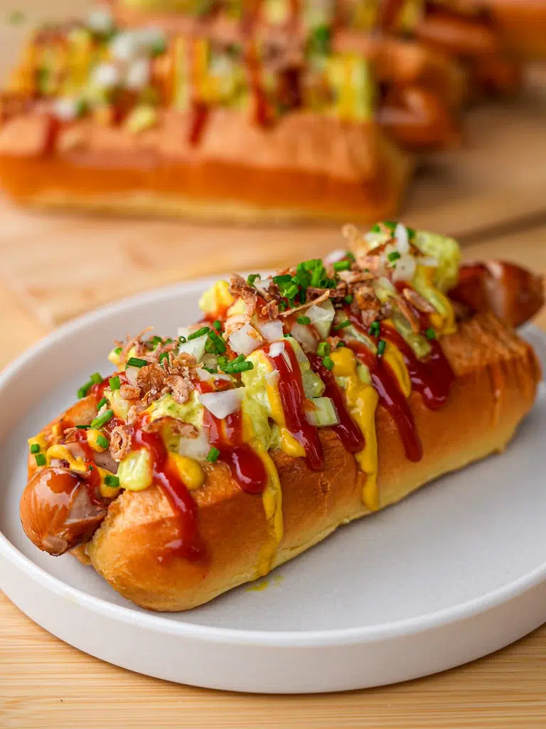 These are hot dogs with a difference as they are filled with a unique combination of popular Scandinavian ingredients and flavours, including creamy potato salad and pickles.