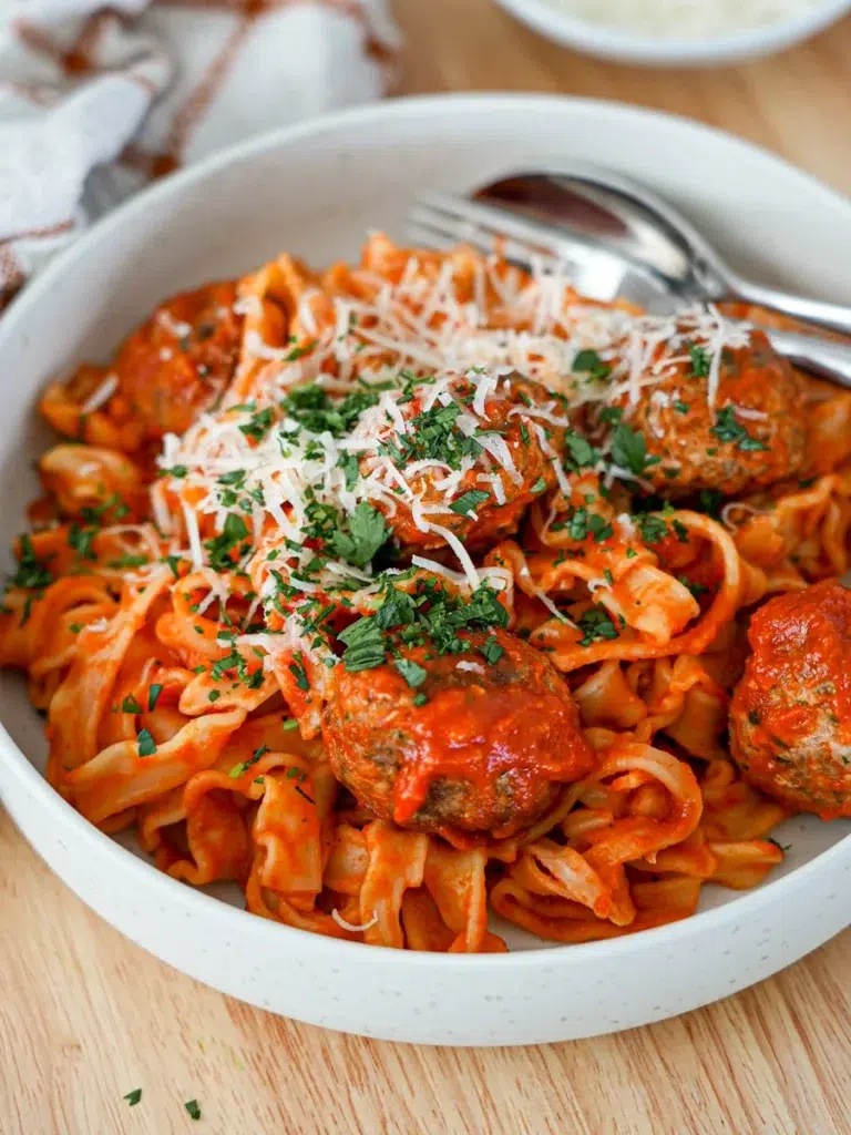 Pasta with Baked Meatballs in Garlicky Tomato sauce Recipe and utensils