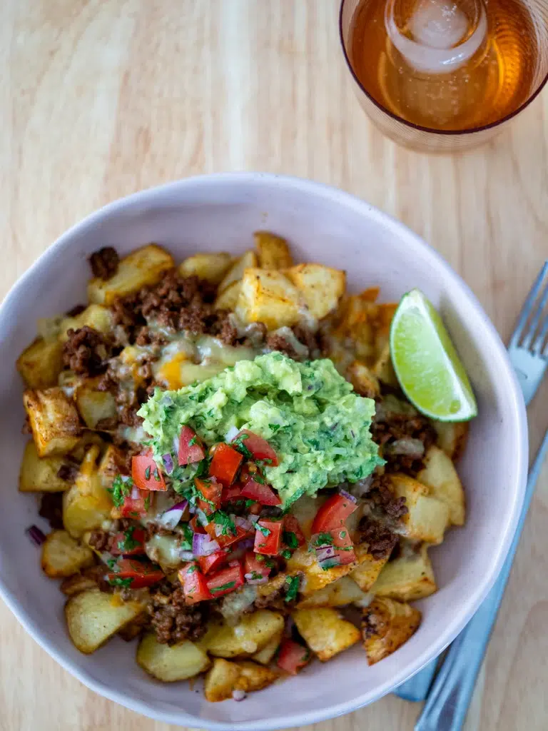 Top view close-up of a potato taco bowl