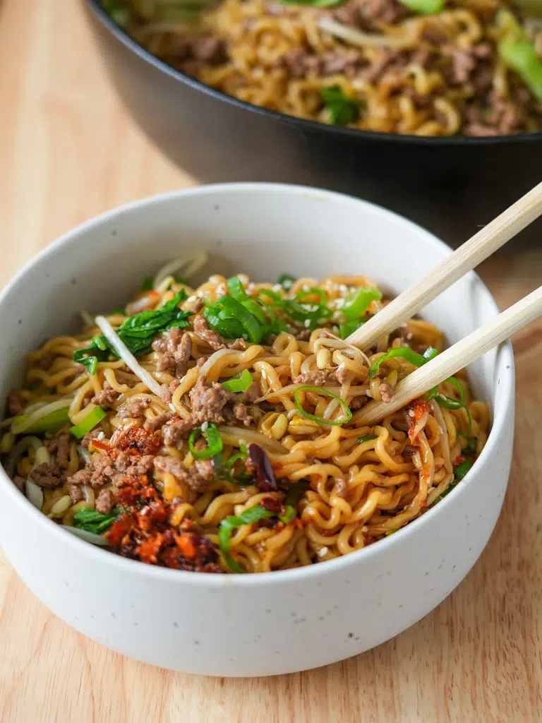 Beef ramen noodles with spring onions being picked up by chopsticks from a bowl.