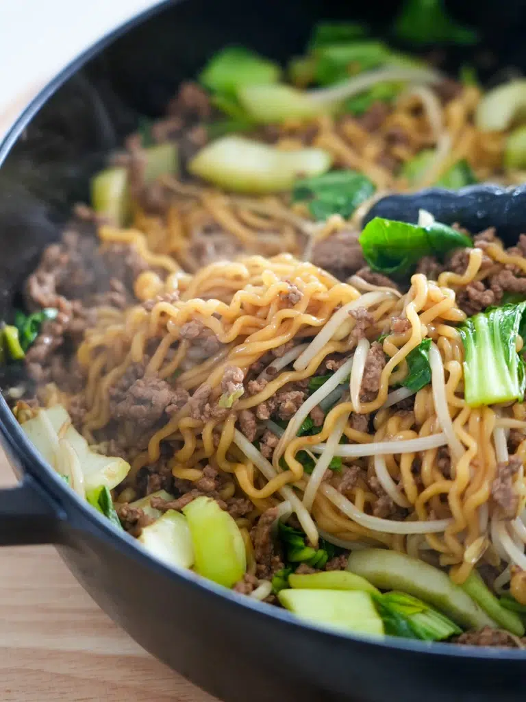 Close-up of Quick Asian Beef Ramen Noodles in a pan