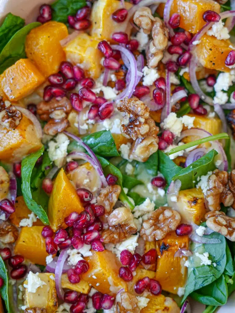 Close-up of roast pumpkin salad with feta and candied walnuts, garnished with fresh greens.